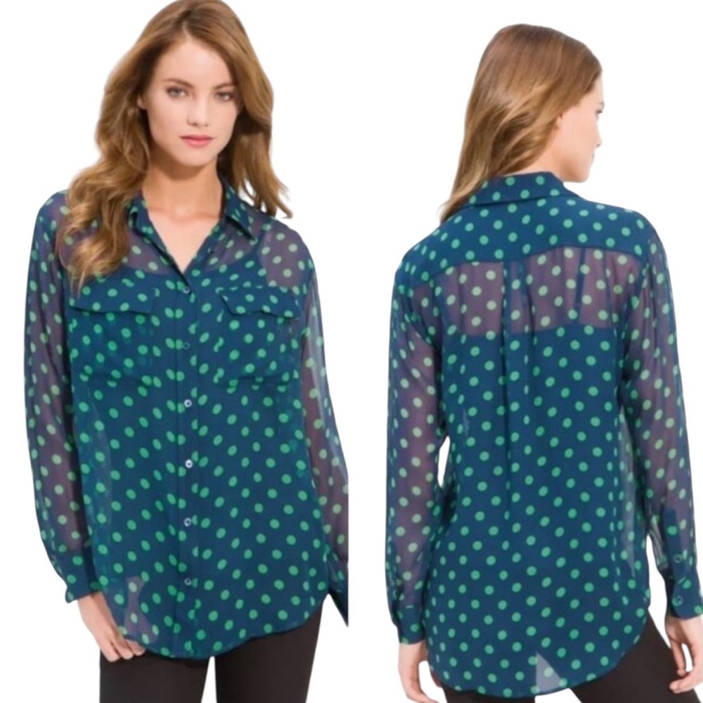 Equipment Silk Navy Blue & Green Polka Dot Printed Sheer Blouse - XS